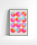 Abstract wall art featuring a grid of pastel gradient circles in pink, coral, aqua and lavender tones.