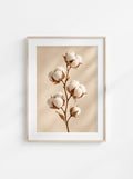 Neutral botanical wall art featuring a cotton branch with soft white cotton bolls on a light beige background.