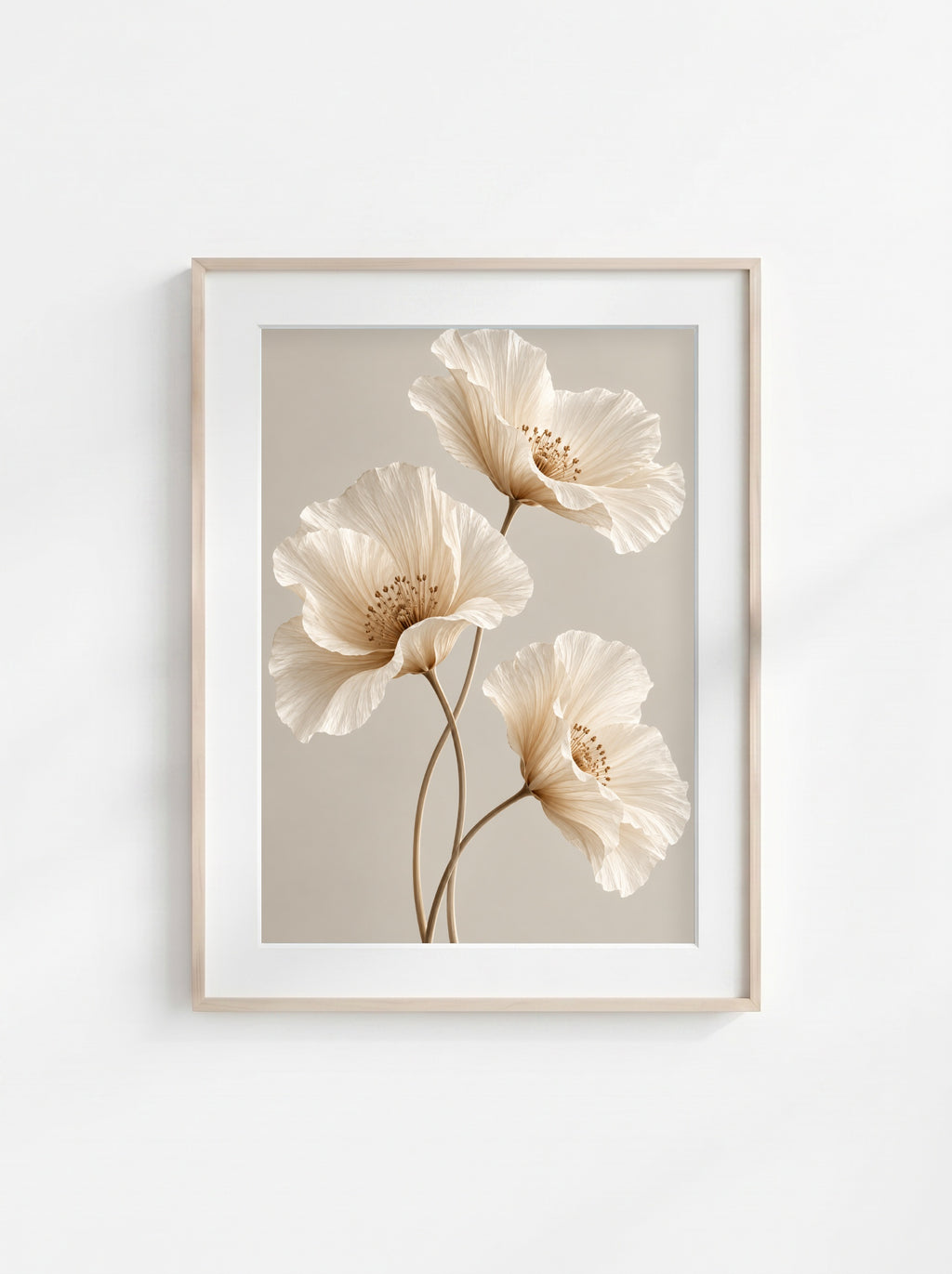 Elegant neutral floral wall art with three ivory flowers and delicate petals on a soft light background.