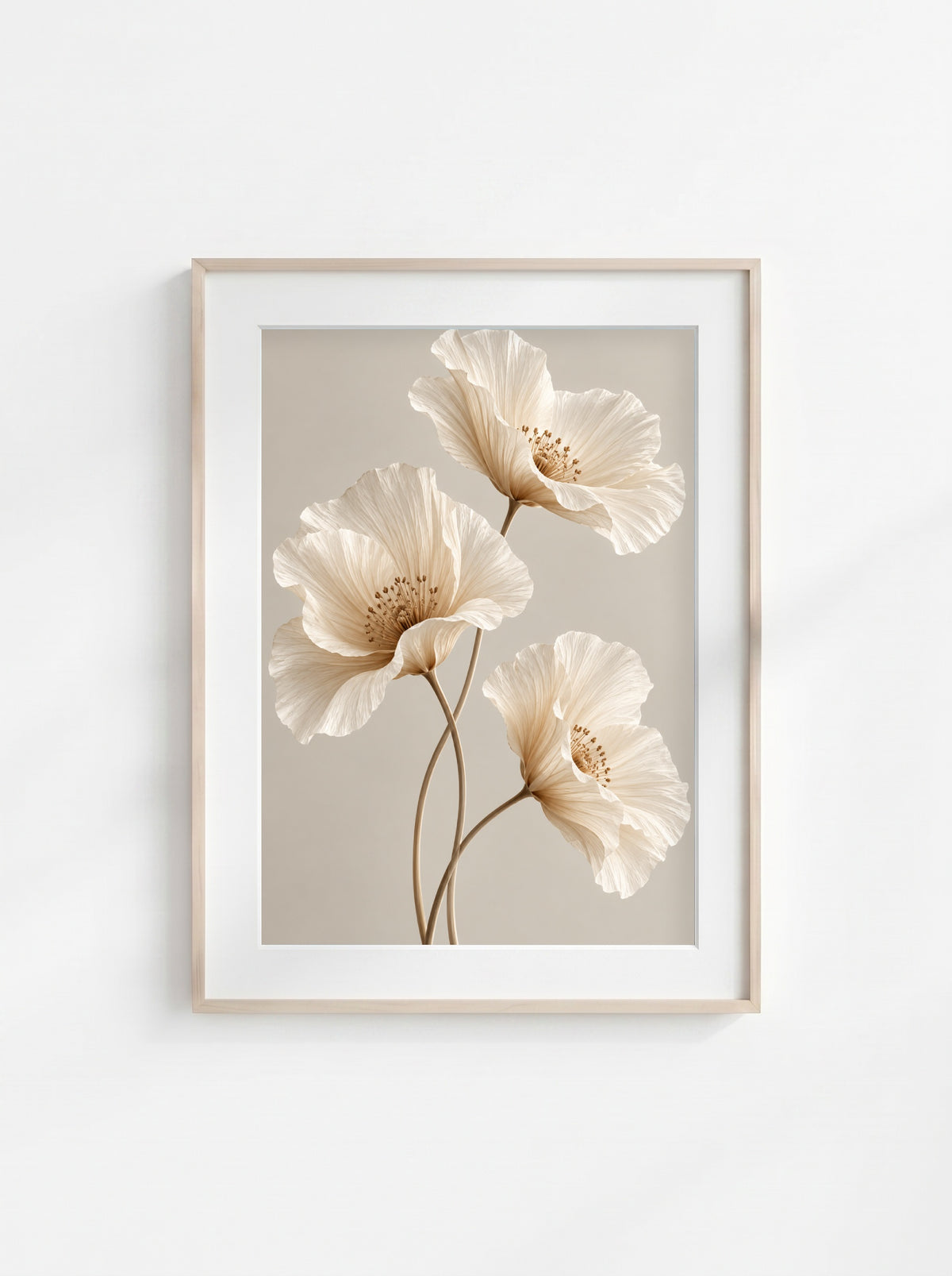 Elegant neutral floral wall art with three ivory flowers and delicate petals on a soft light background.