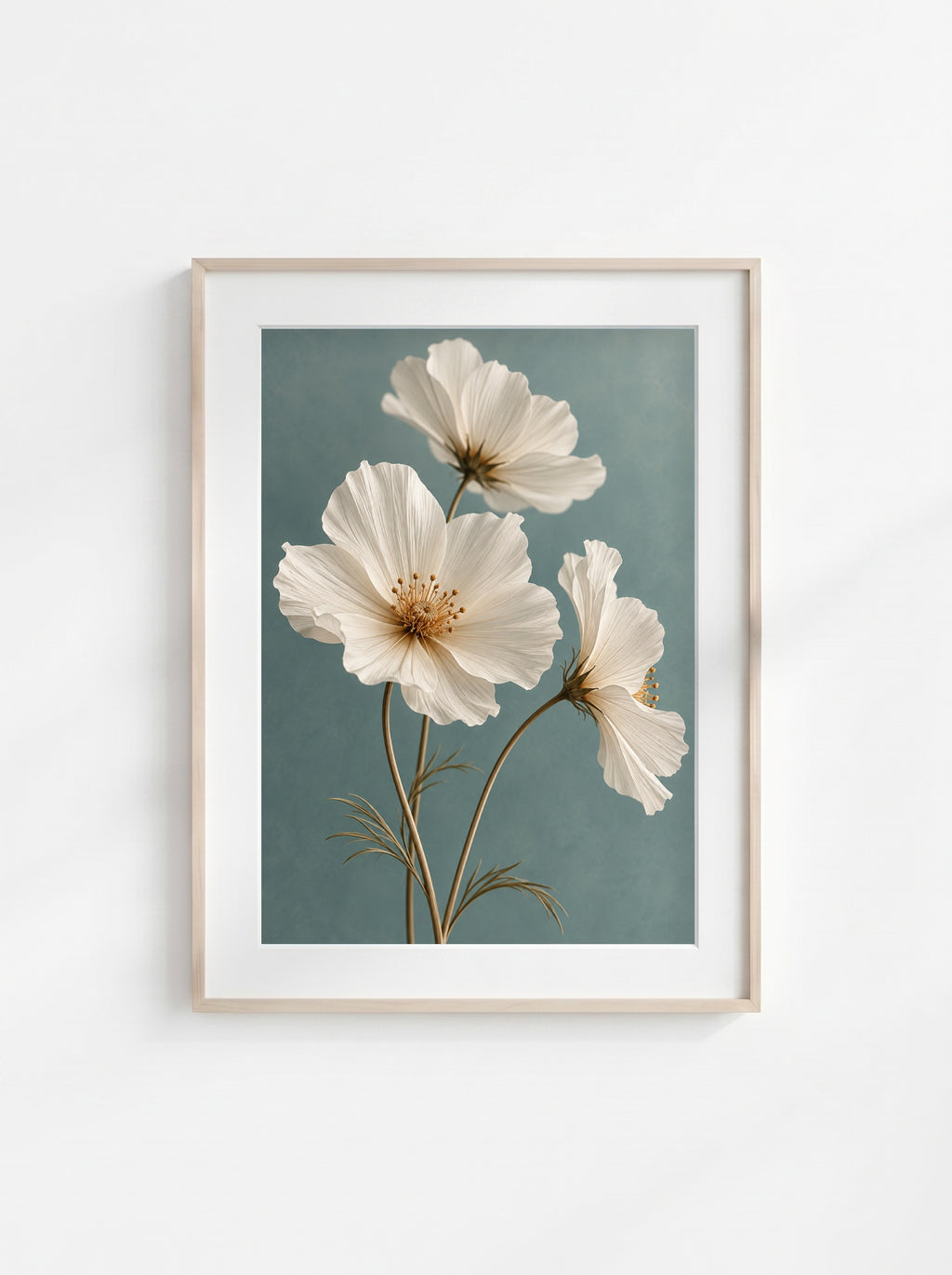 Botanical wall art featuring three delicate ivory flowers with slender stems against a muted blue-green background.