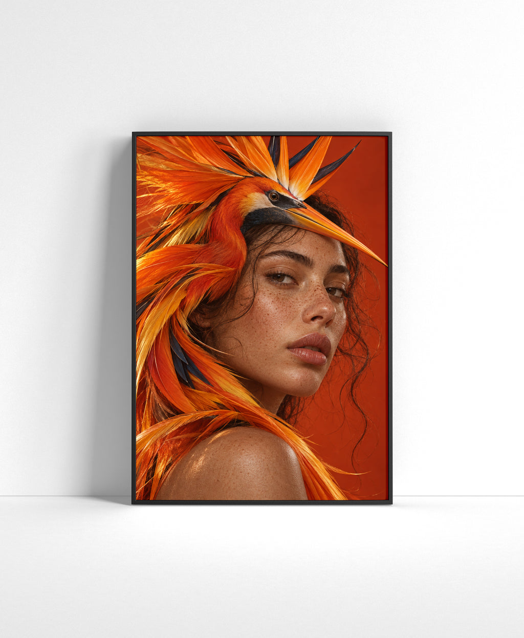 Portrait wall art of a woman with vivid orange feathered bird-inspired headpiece in a bold editorial style.