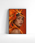Portrait wall art of a woman with vivid orange feathered bird-inspired headpiece in a bold editorial style.