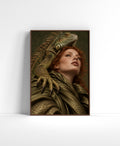 Portrait wall art of a red-haired woman in earthy draped fabric with a large iguana resting across her head and shoulder.