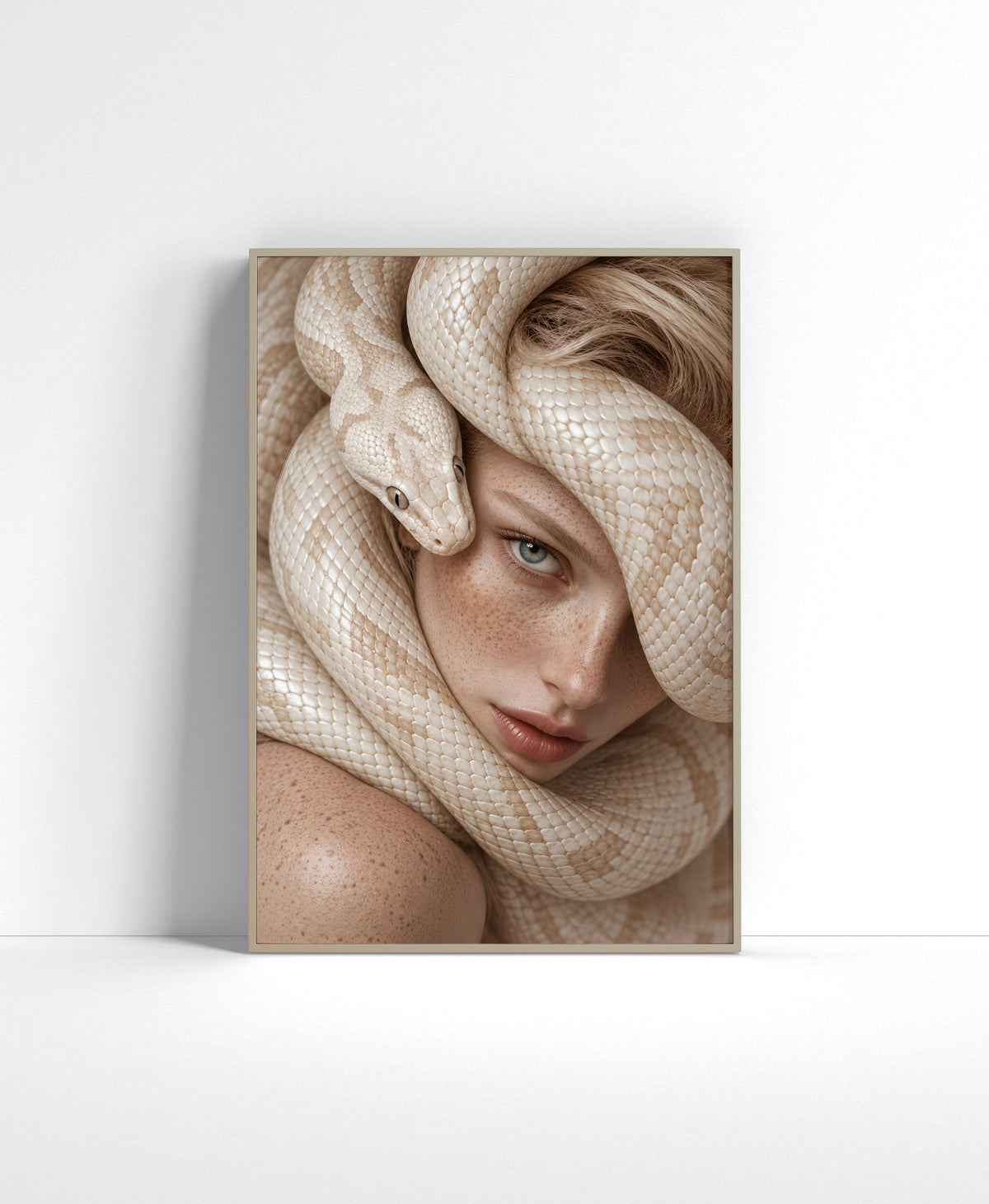 Close-up portrait of a freckled woman framed by a large ivory white snake coiled around her face and shoulders.