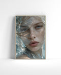 Close-up portrait of a pale freckled woman with translucent iridescent dragonfly wings layered across part of her face.
