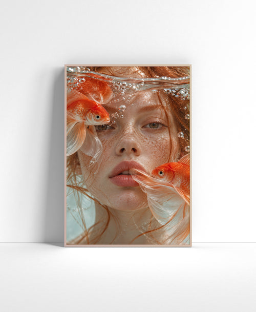 Portrait wall art of a freckled woman beneath the waterline surrounded by orange goldfish and bubbles.