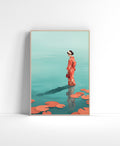 Minimal Japanese-inspired wall art of a woman in a coral kimono standing in turquoise water with lily pads.