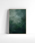 Dark green abstract wall art with misty texture and a small flock of white birds.