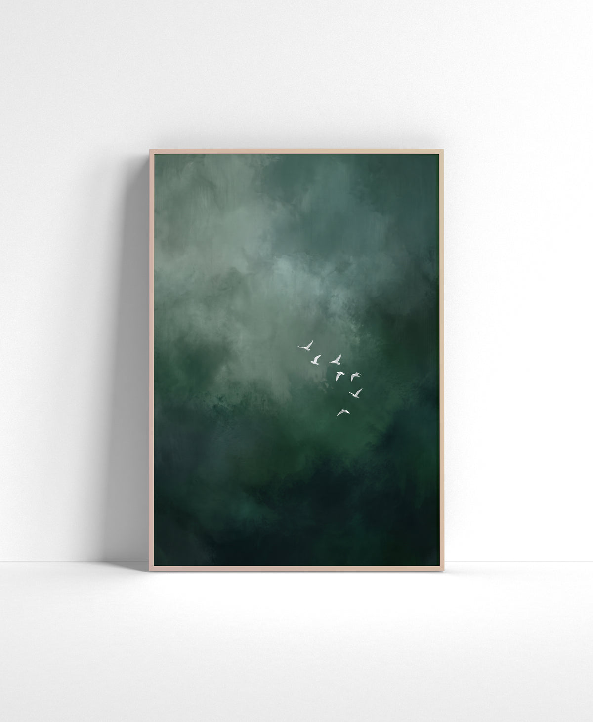 Dark green abstract wall art with misty texture and a small flock of white birds.