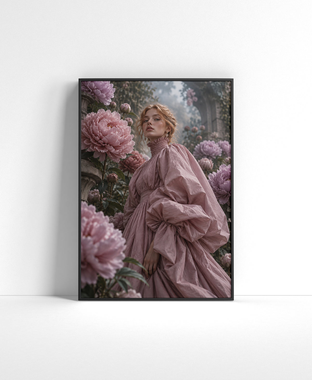 Romantic wall art of a woman in a dusty rose gown surrounded by large pink peonies in a dreamy garden.