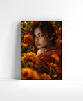 Warm floral portrait wall art featuring a freckled woman surrounded by amber marigolds and flowing burnt-orange fabric.