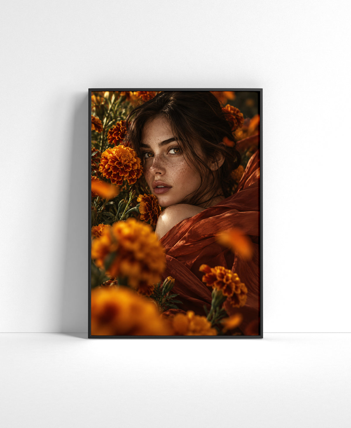 Warm floral portrait wall art featuring a freckled woman surrounded by amber marigolds and flowing burnt-orange fabric.