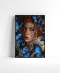 Blue butterfly wall art featuring a freckled red-haired woman surrounded by vivid blue butterflies and delicate blue flowers.