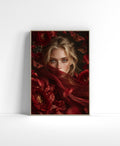 Red floral wall art with a blonde woman framed by crimson flowers and a soft translucent red veil.