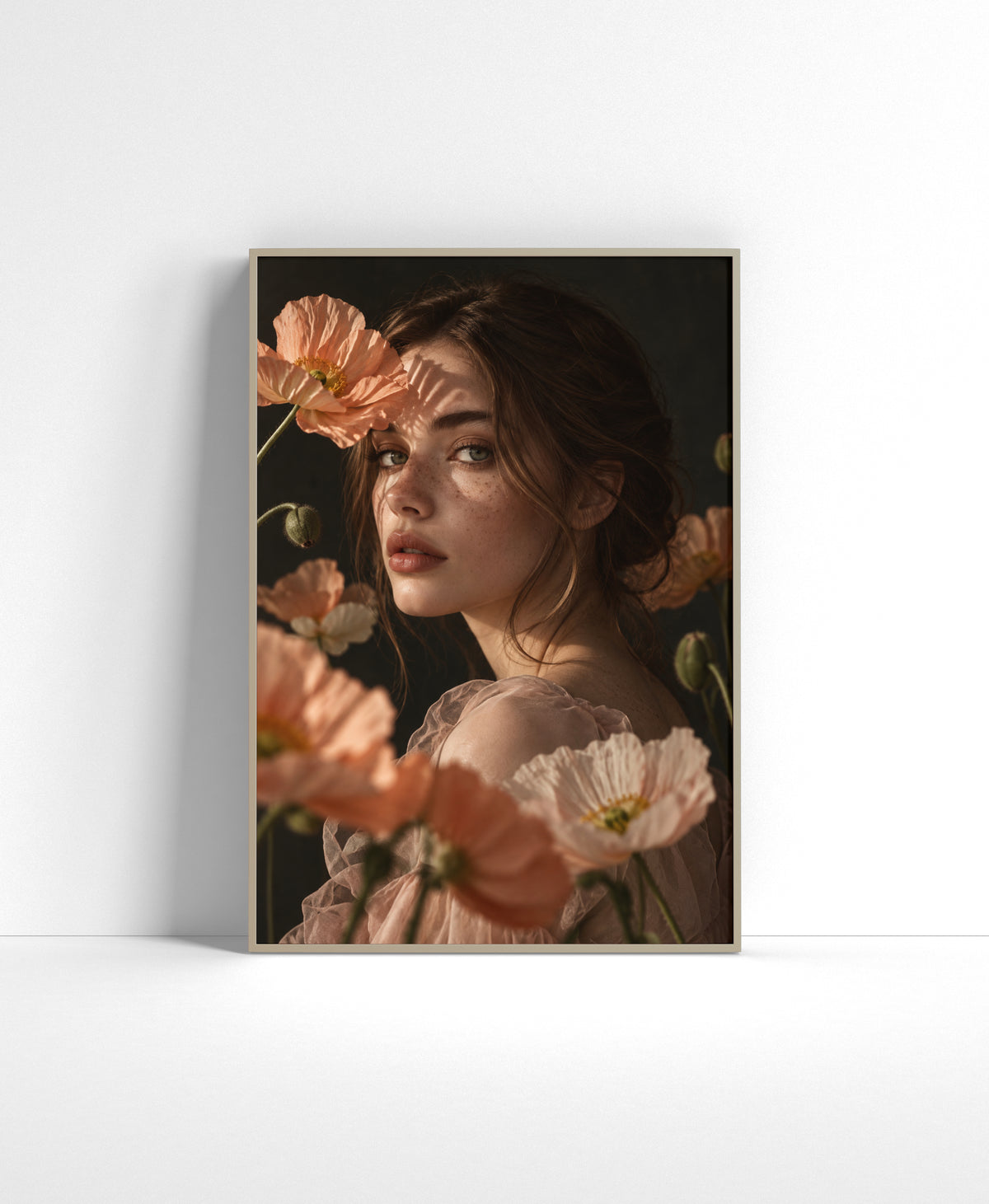 Blush poppy wall art featuring a woman in soft light surrounded by delicate peach and pink flowers.