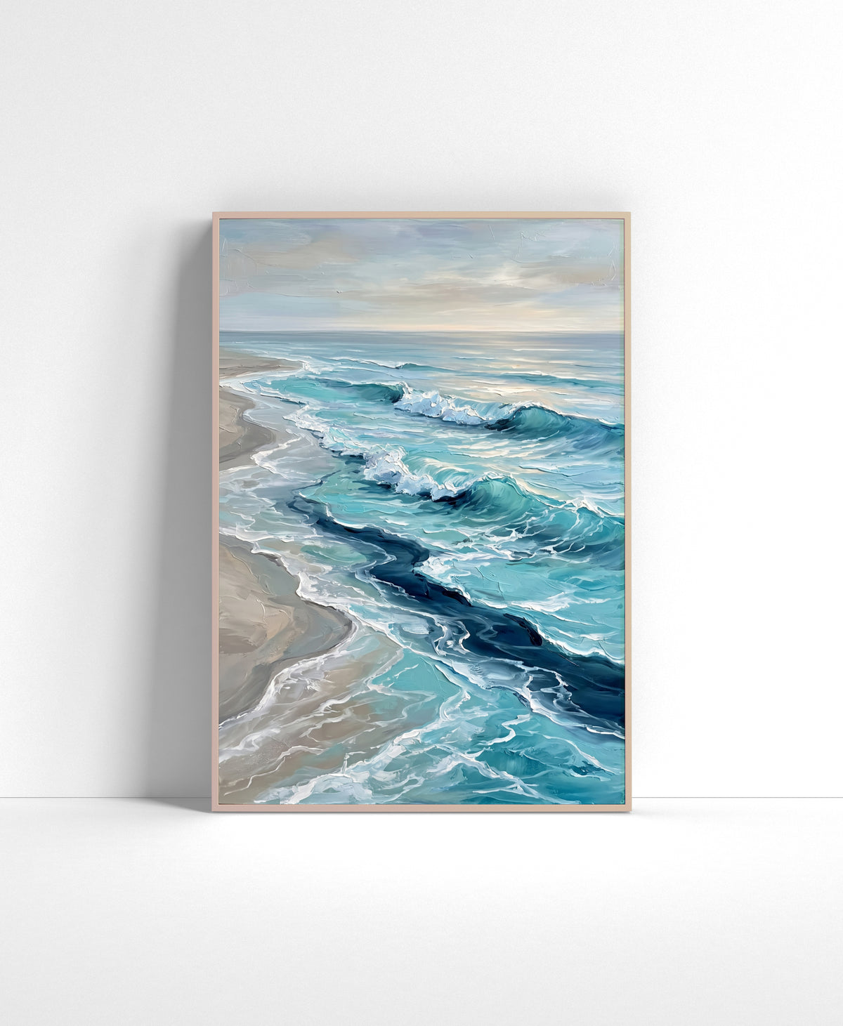 Painterly coastal wall art with turquoise waves breaking along a pale sandy beach.