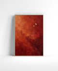 Rust red wall art with layered burnt orange and burgundy textures featuring two small white birds flying across the composition.