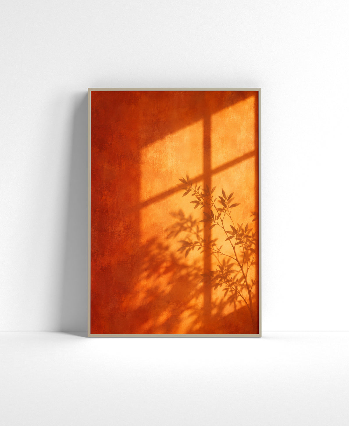 Orange wall art showing warm sunlight, a window-shaped shadow and delicate leafy plant silhouettes against a textured wall.