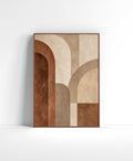 Earthy geometric wall art featuring layered arches and curved architectural shapes in beige, taupe, cream and warm brown tones.
