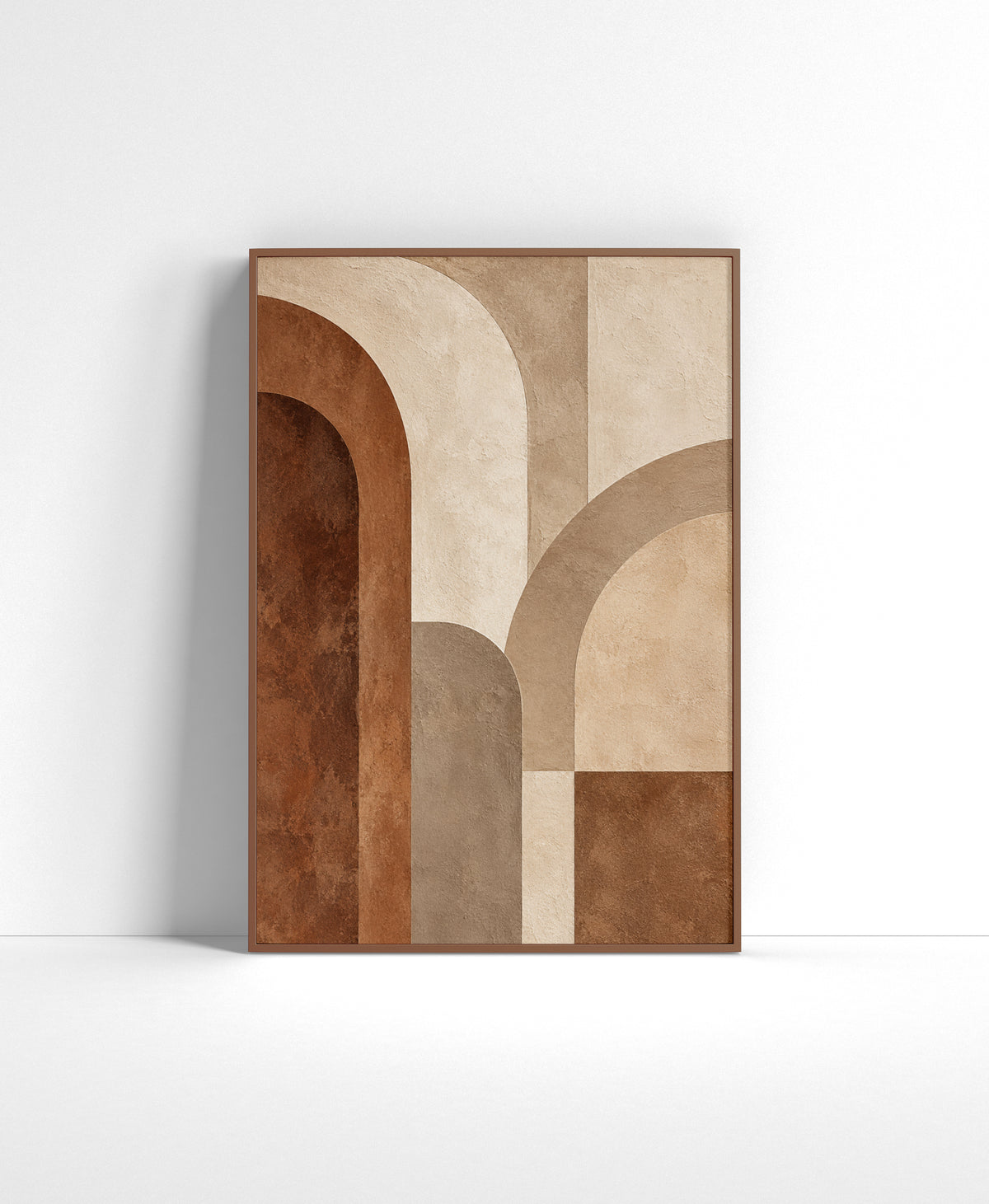 Earthy geometric wall art featuring layered arches and curved architectural shapes in beige, taupe, cream and warm brown tones.