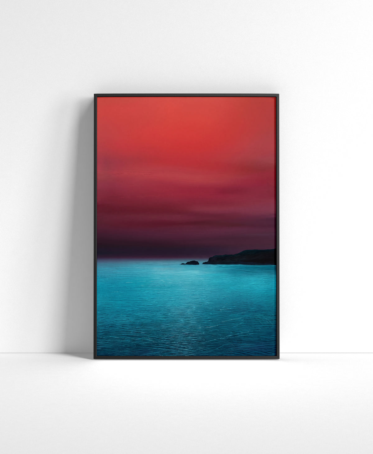 Minimal seascape wall art with a red sky, turquoise water and dark cliffs on the horizon.