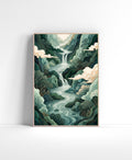 Stylized teal landscape wall art with waterfalls, winding rivers, mountains and soft clouds.