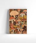 Illustrated mushroom wall art filled with mushrooms and organic shapes in earthy orange and brown tones.