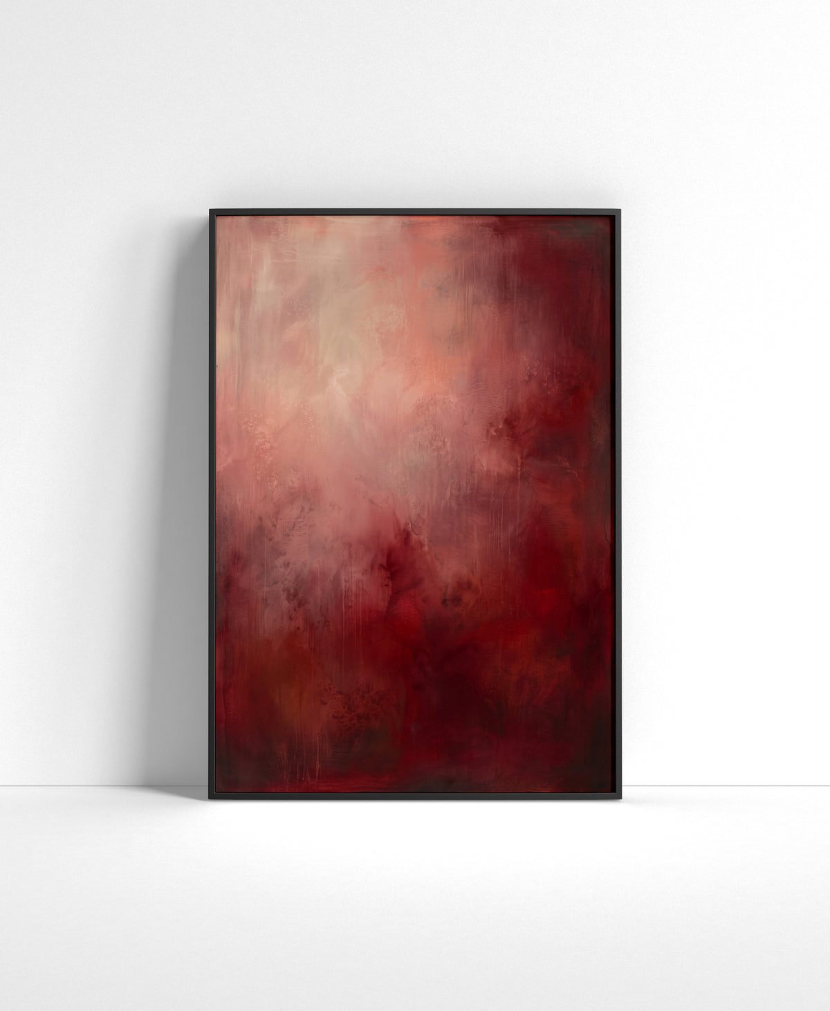 Red abstract wall art with layered blush, crimson and burgundy painterly textures.